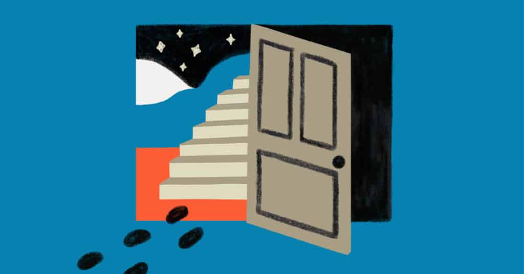 A door opens to reveal a staircase leading upward to a starry night sky. Footprints approach the door, which stands against a blue background.