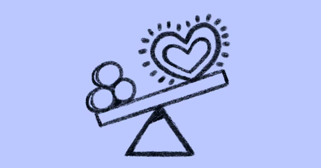 A simple drawing of a seesaw balanced on a triangle, with three circles on one end and a glowing heart on the other end, set against a lavender background.