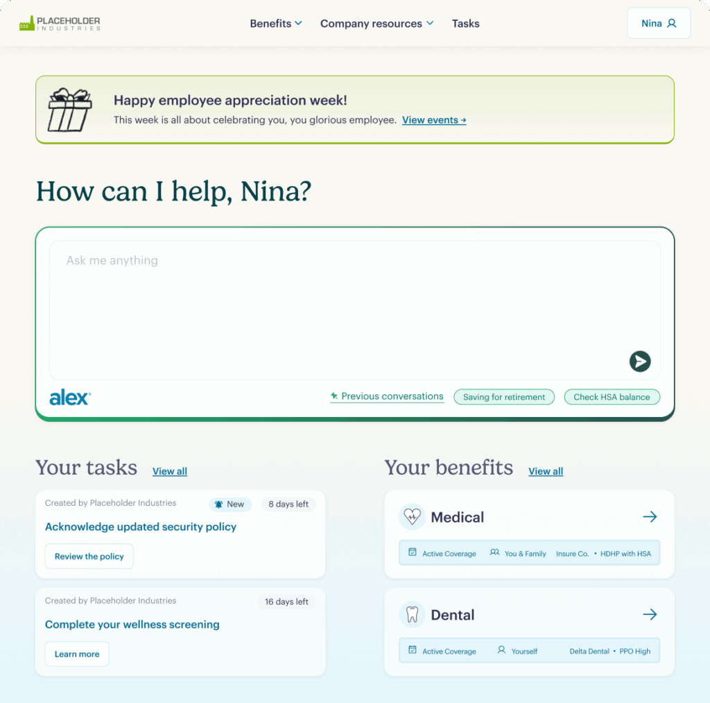 A workplace benefits dashboard greets the user, Nina, with options to ask a virtual assistant questions. It displays a banner for employee appreciation week, task reminders, and cards for medical and dental benefit details.