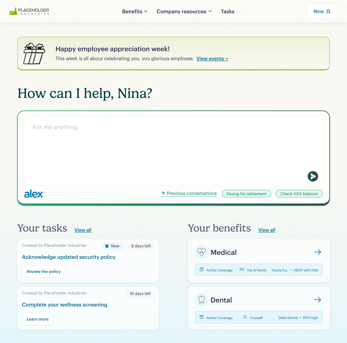 A workplace benefits dashboard greets the user, Nina, with options to ask a virtual assistant questions. It displays a banner for employee appreciation week, task reminders, and cards for medical and dental benefit details.