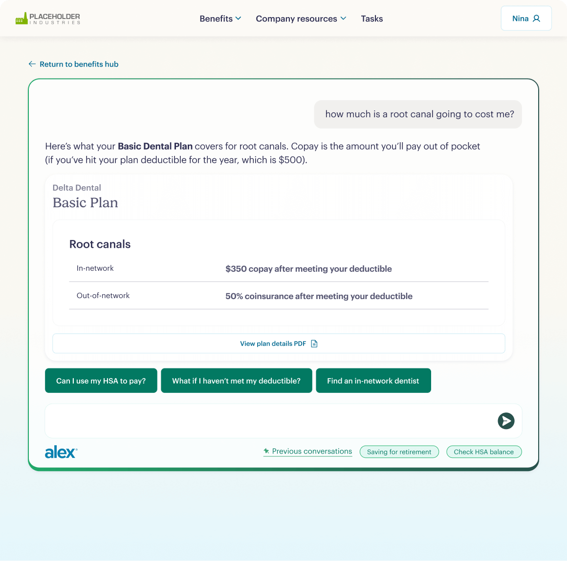 A dental insurance webpage answers how much is a root canal going to cost? It shows a table: in-network cost is $350 copay after deductible; out-of-network is 50% coinsurance after deductible. Buttons below offer payment options.
