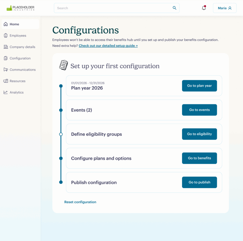 A web page titled Configurations displays a progress timeline for setting up a benefits configuration. Steps listed are: Plan year 2026, Events, Define eligibility groups, Configure plans and options, and Publish configuration.
