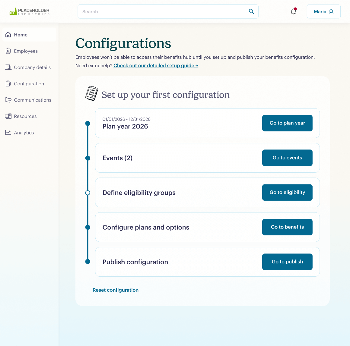 A web page titled Configurations displays a progress timeline for setting up a benefits configuration. Steps listed are: Plan year 2026, Events, Define eligibility groups, Configure plans and options, and Publish configuration.