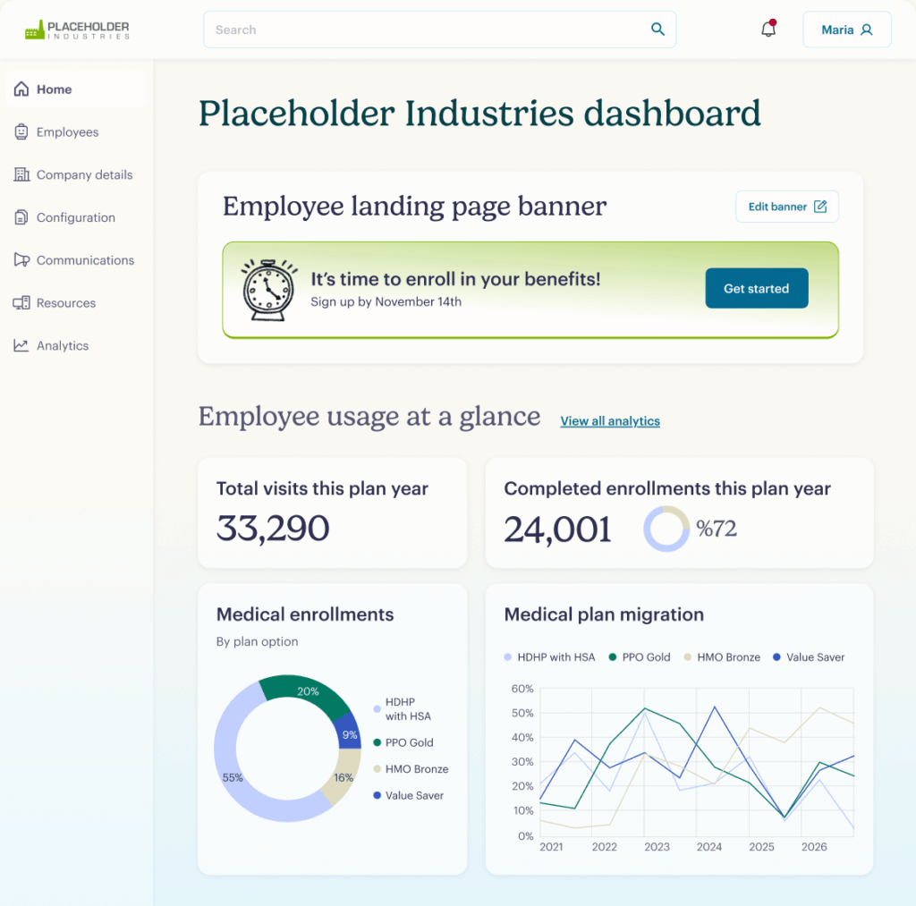 A dashboard shows Employee usage at a glance with stats, charts on medical enrollments, a green banner about benefit sign-up, and a sidebar with navigation options like Home, Employees, and Configuration.