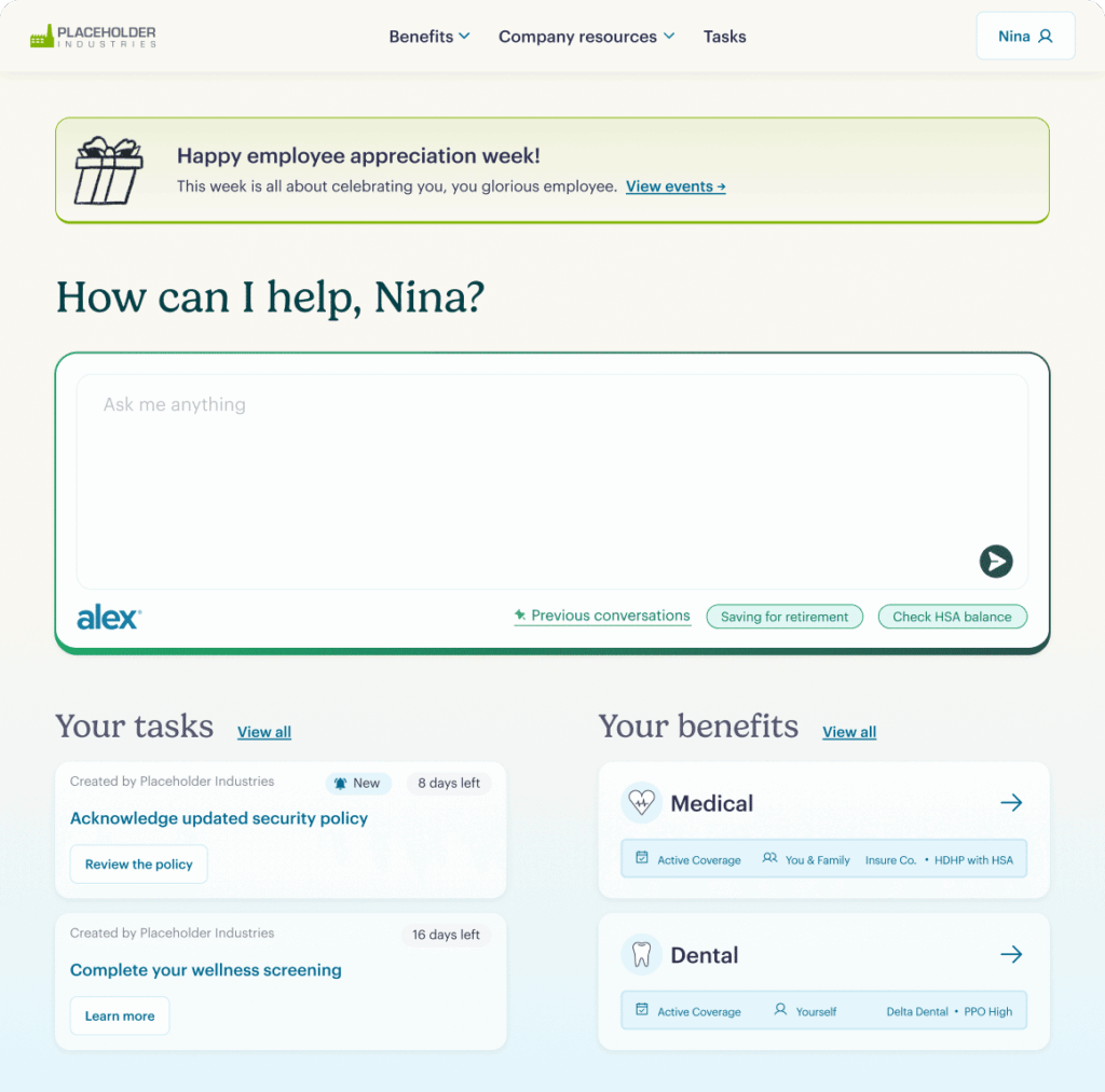 A workplace intranet dashboard greets user Nina, showing an employee appreciation banner, search bar, personalized tasks with due dates, and benefits sections for medical and dental coverage.