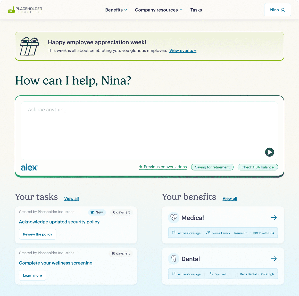 A workplace intranet dashboard greets user Nina, showing an employee appreciation banner, search bar, personalized tasks with due dates, and benefits sections for medical and dental coverage.