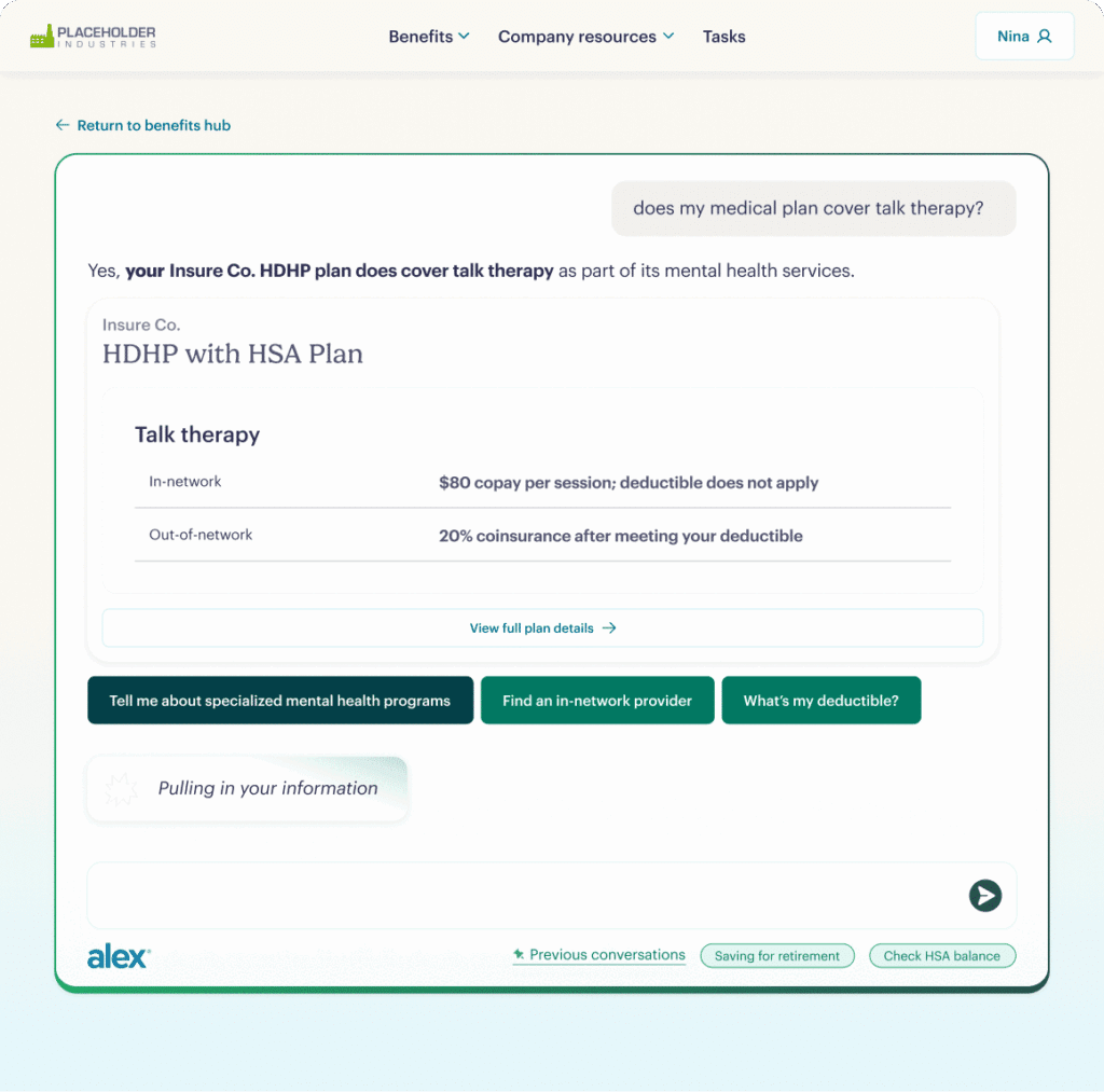 A health benefits webpage shows that the Insure Co. HDHP with HSA Plan covers talk therapy under mental health services, listing session costs and coinsurance details. A chatbot named Alex is at the bottom.