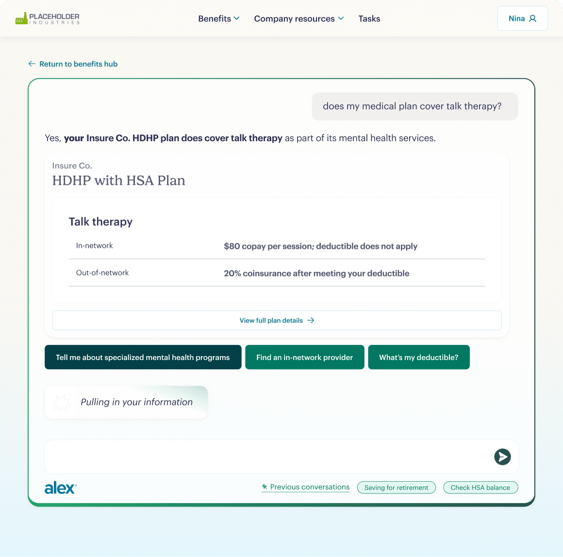 A health benefits webpage shows that the Insure Co. HDHP with HSA Plan covers talk therapy under mental health services, listing session costs and coinsurance details. A chatbot named Alex is at the bottom.