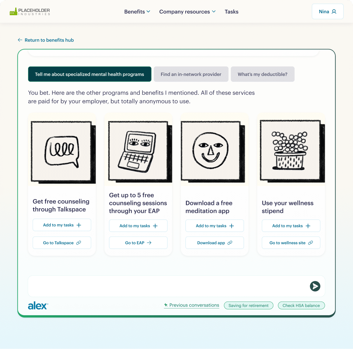 A webpage offers options for counseling through Talkspace, EAP counseling sessions, a meditation app download, and a wellness stipend. Each benefit is illustrated with a simple black-and-white drawing.