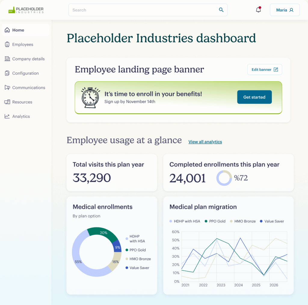 A company dashboard shows employee usage stats: total visits (33,290), completed enrollments (24,001), pie chart of medical enrollments, line graph of plan migration, and a banner about benefits enrollment.