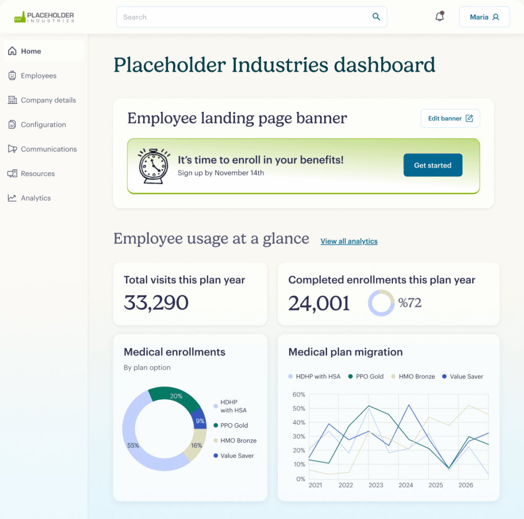 A company dashboard displays employee benefits info: banner ad about open enrollment, total visits (33,290), completed enrollments (24,001, 72%), pie chart of medical enrollments, and a line graph of medical plan migration trends.