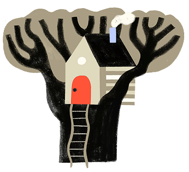 Illustration of a cozy treehouse with a red door, a black roof, and smoke coming from a chimney, nestled in dark, leafless tree branches with a ladder leading up to the entrance.