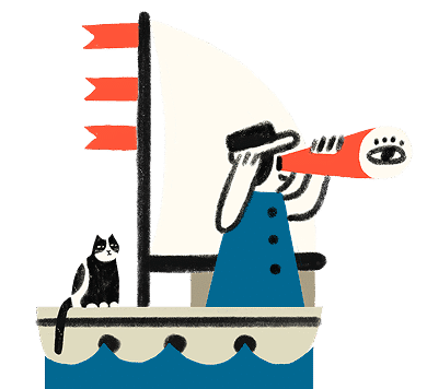 Illustration of a person in a blue vest looking through a spyglass on a small sailboat with red flags, accompanied by a black and white cat sitting at the boats edge.