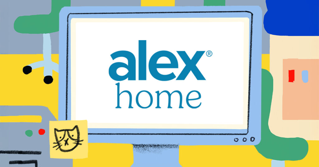 Illustration of a computer monitor displaying the words alex home in blue text. The screen is surrounded by colorful abstract shapes, a sticky note with a cat drawing, and computer equipment.