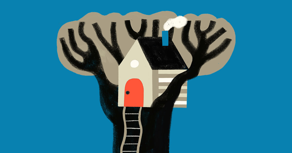 Illustration of a small house with a red door and smoke from the chimney nestled in the branches of a tree, with a ladder leading up, set against a solid blue background.