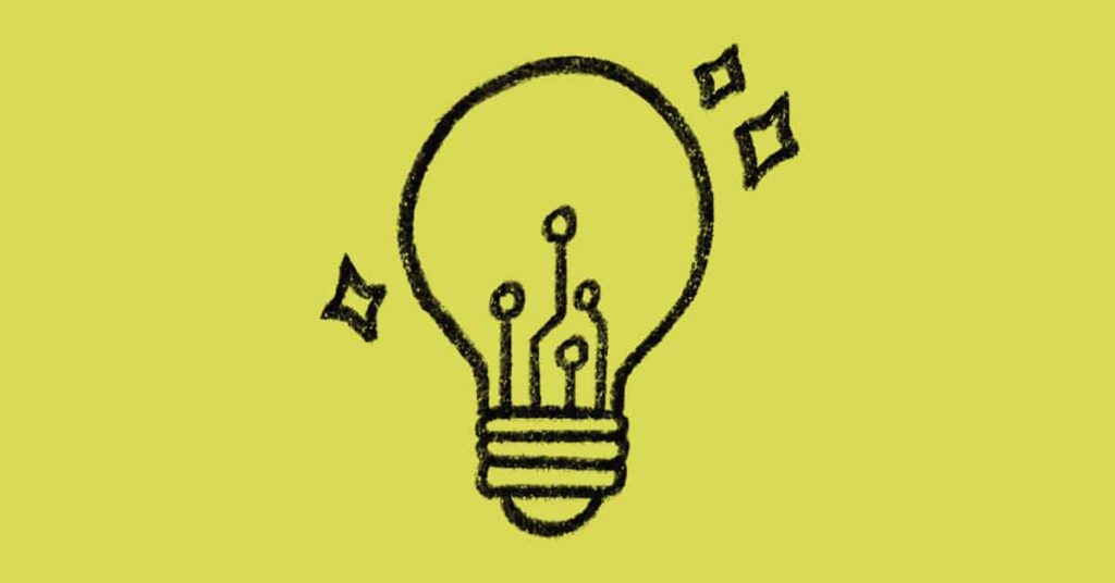 A black, hand-drawn lightbulb with circuit-like lines inside and three sparkles around it, set against a solid yellow-green background.