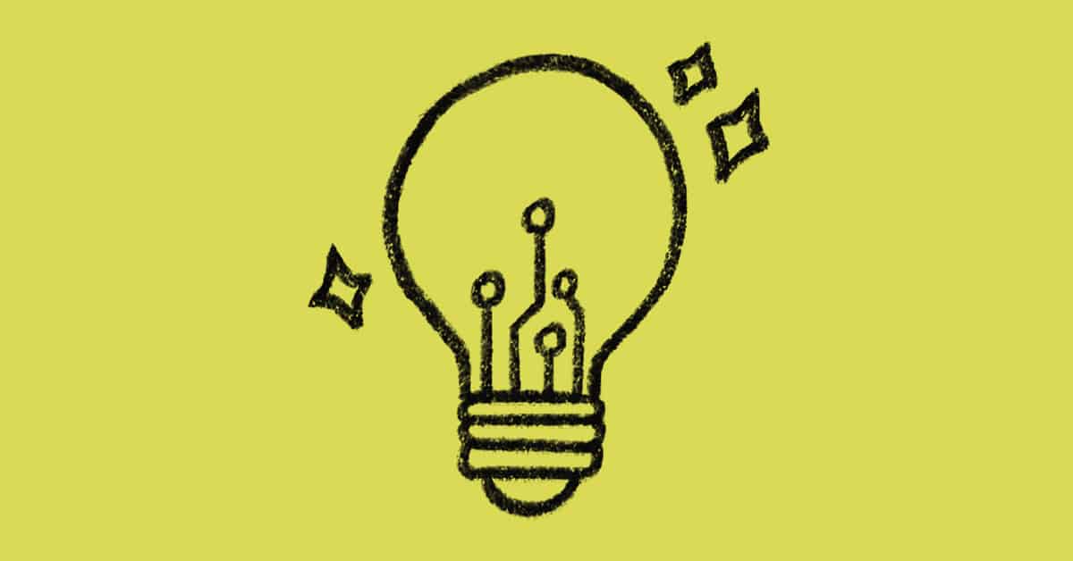 A black, hand-drawn lightbulb with circuit-like lines inside and three sparkles around it, set against a solid yellow-green background.