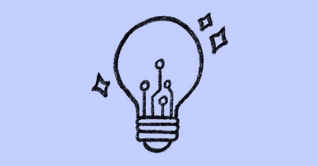 A simple sketch of a light bulb with circuit lines inside, surrounded by three sparkle icons, on a light blue background.