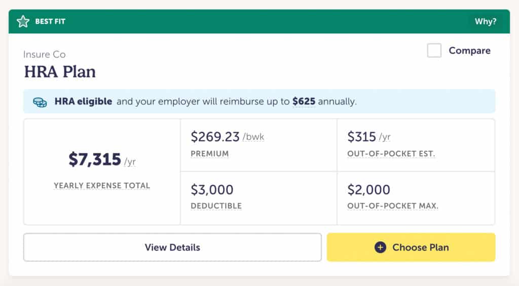Health insurance HRA and HSA Plan comparison card showing yearly expense total of $7,315, $269.23 weekly premium, $315 yearly out-of-pocket estimate, $3,000 deductible, and $2,000 max out-of-pocket; option to choose plan.
