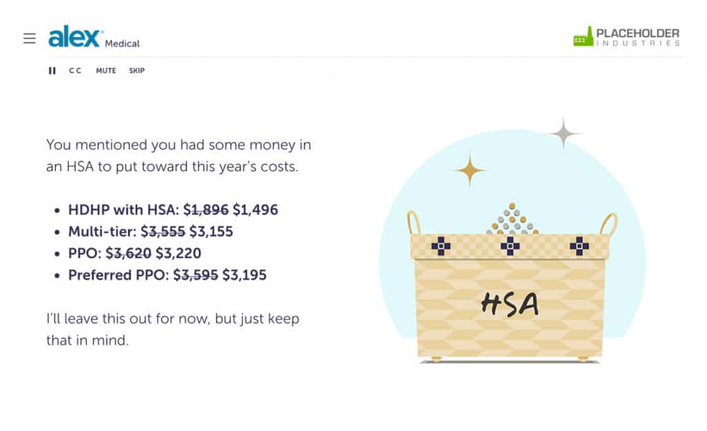 A graphic shows a woven basket labeled HSA filled with coins, next to an HRA folder. Text lists healthcare plans with costs: HDHP, Multi-tier, and Preferred PPO, each with two price options. A sparkle icon appears above the basket.