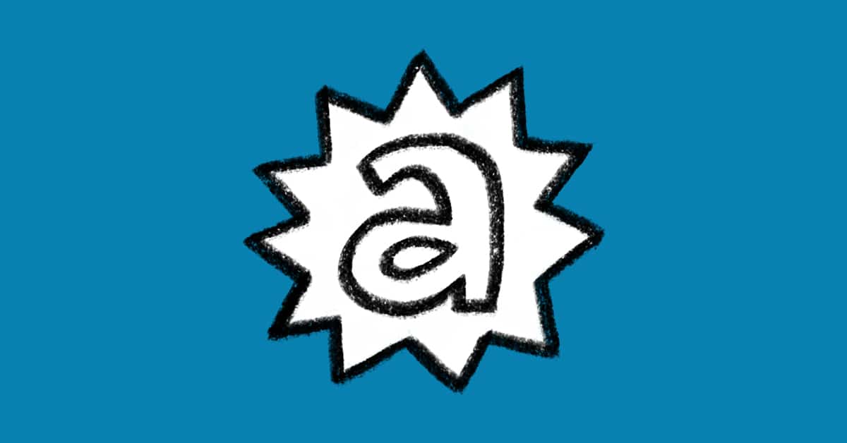 A hand-drawn lowercase letter a inside a spiky white starburst shape, outlined in black, set against a solid blue background.