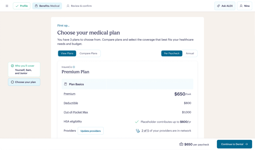 A benefits enrollment webpage showing a comparison of medical plans. The “Premium Plan” is selected, costing $650 per week with a $800 deductible, $1000 out-of-pocket max, and HSA eligibility. Options to compare plans are visible.