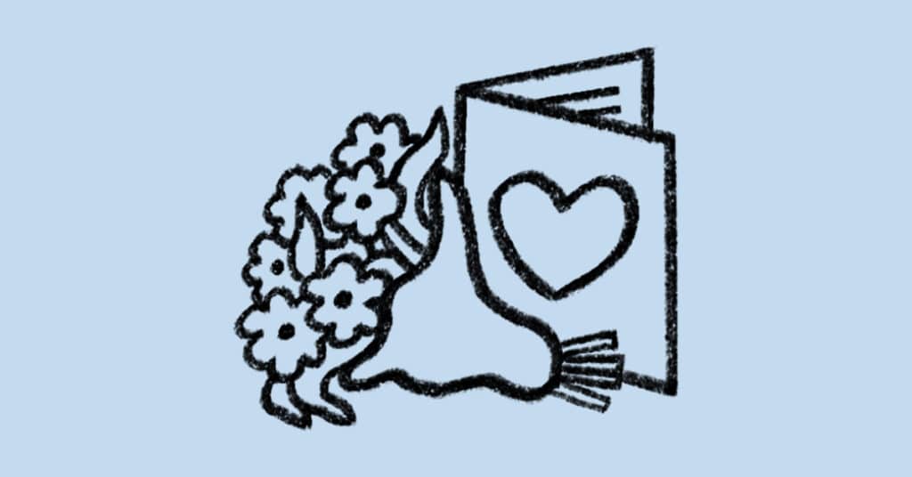 A simple drawing of a nose sneezing near a bouquet of flowers and a card with a heart on the cover, all on a light blue background, subtly symbolizing early-onset cancer awareness.