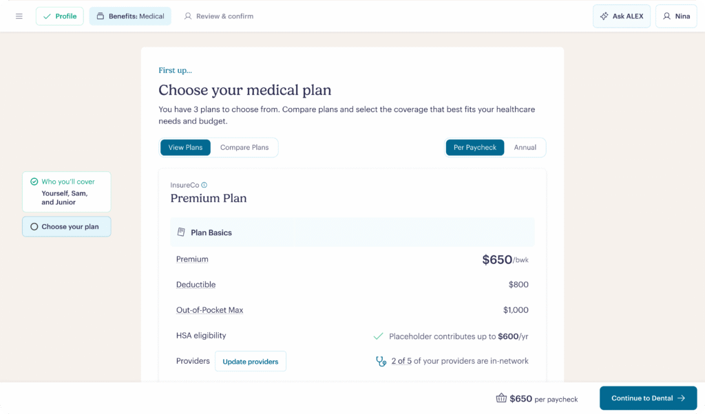 A digital screen shows an online benefits enrollment portal. It displays details for a Premium medical plan, costing $650 per week, with a $600 deductible and $1,800 out-of-pocket max. Navigation and action buttons are visible.