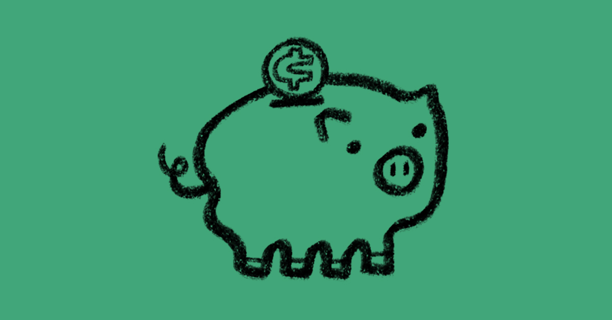 A simple, hand-drawn illustration of a piggy bank with a coin featuring a dollar sign being inserted into its slot, all set against a solid green background.