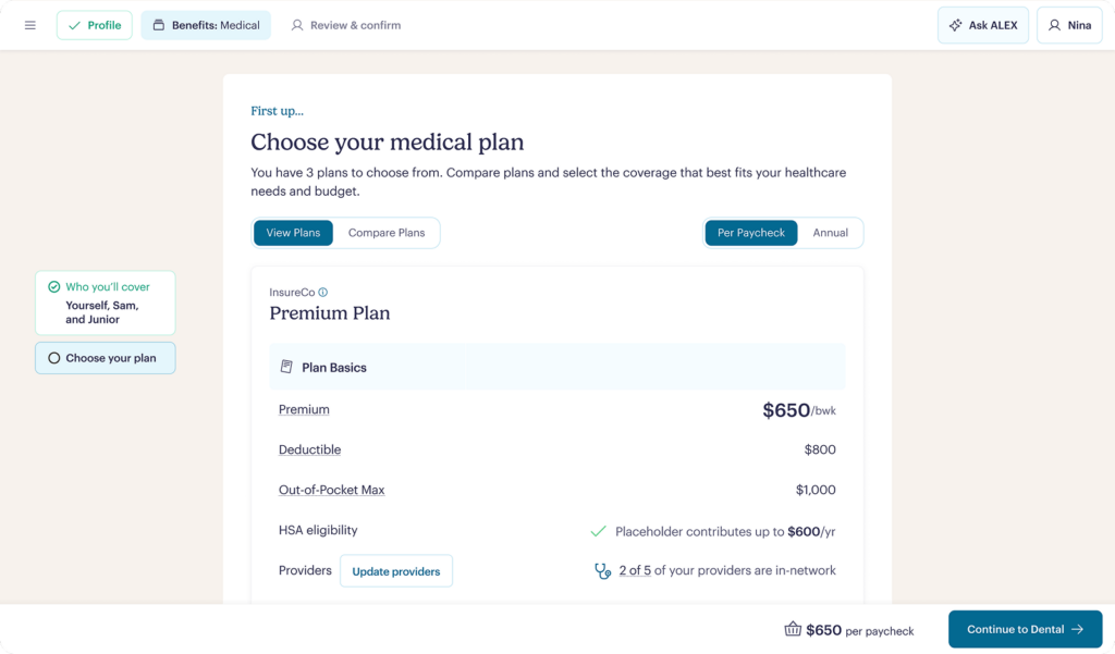 A webpage for selecting a medical plan shows the “Premium Plan” with a $650 monthly premium, $800 deductible, and $1,900 out-of-pocket max. Buttons for viewing plans and continuing to dental coverage are visible.
