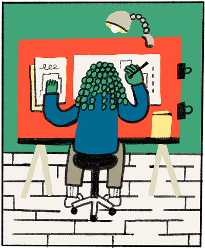 Illustration of a person with curly hair sitting at a desk, drawing or writing on paper under a lamp. The desk has a green wall behind it, cups, and a bin nearby, and the person sits on a wheeled chair.