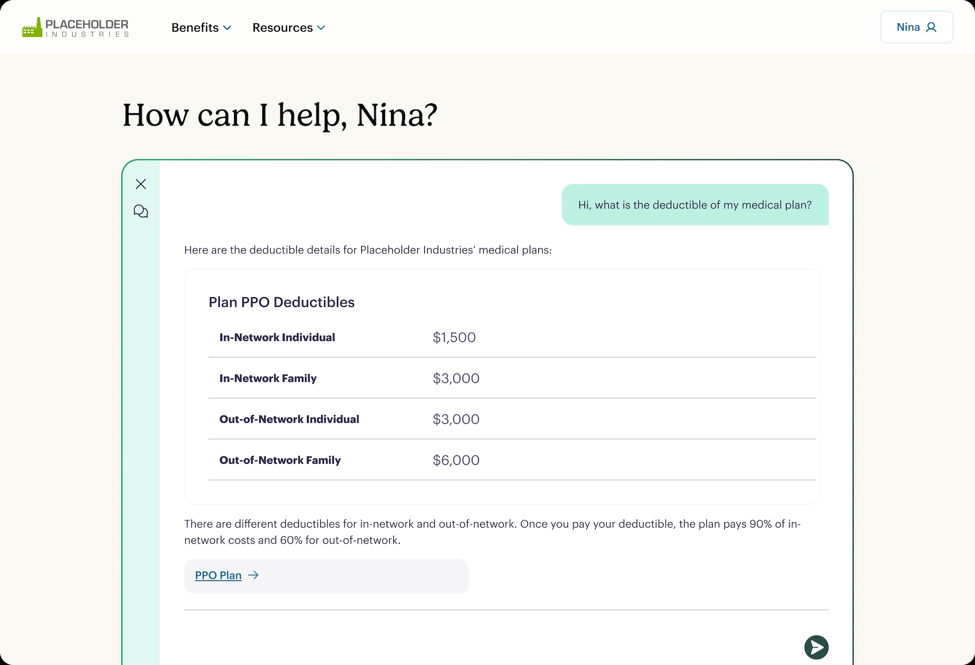 A webpage shows a chat interface where a user asks about medical plan deductibles. The response lists in-network and out-of-network individual and family deductibles for a PPO plan, ranging from $1,500 to $6,000.