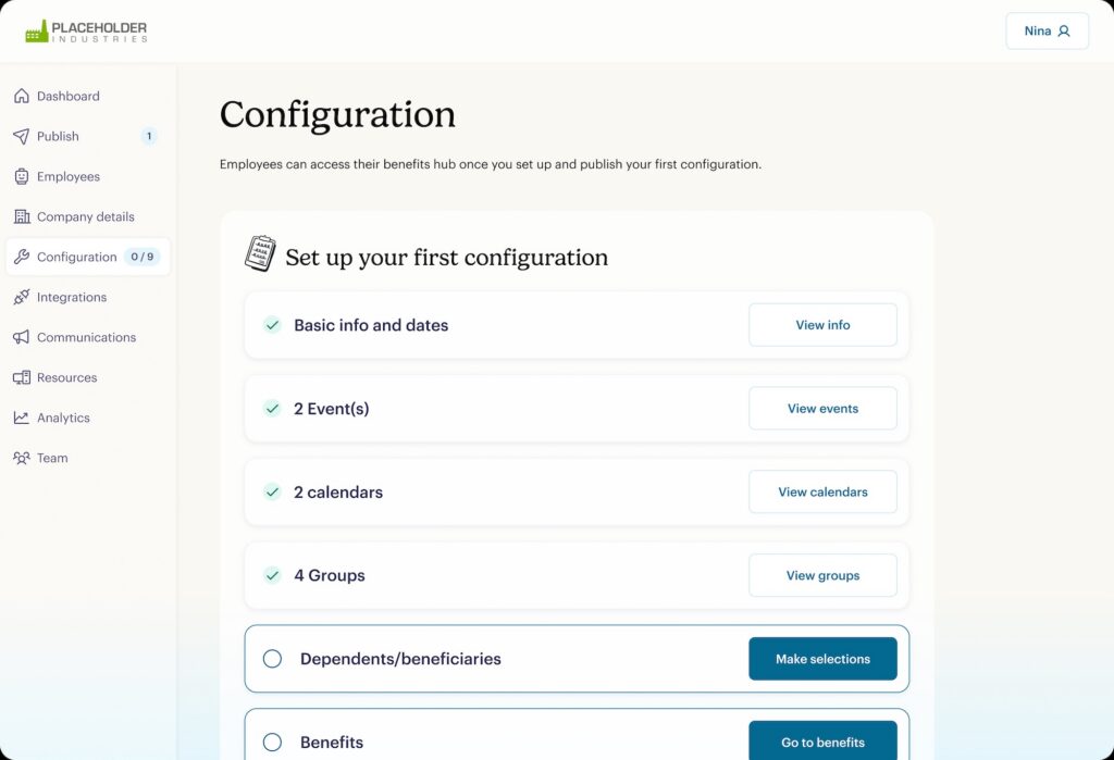 A web app interface displays a configuration setup screen with options to set basic info, events, calendars, groups, dependents, and benefits. A sidebar menu is on the left, and a user profile button is in the top right corner.