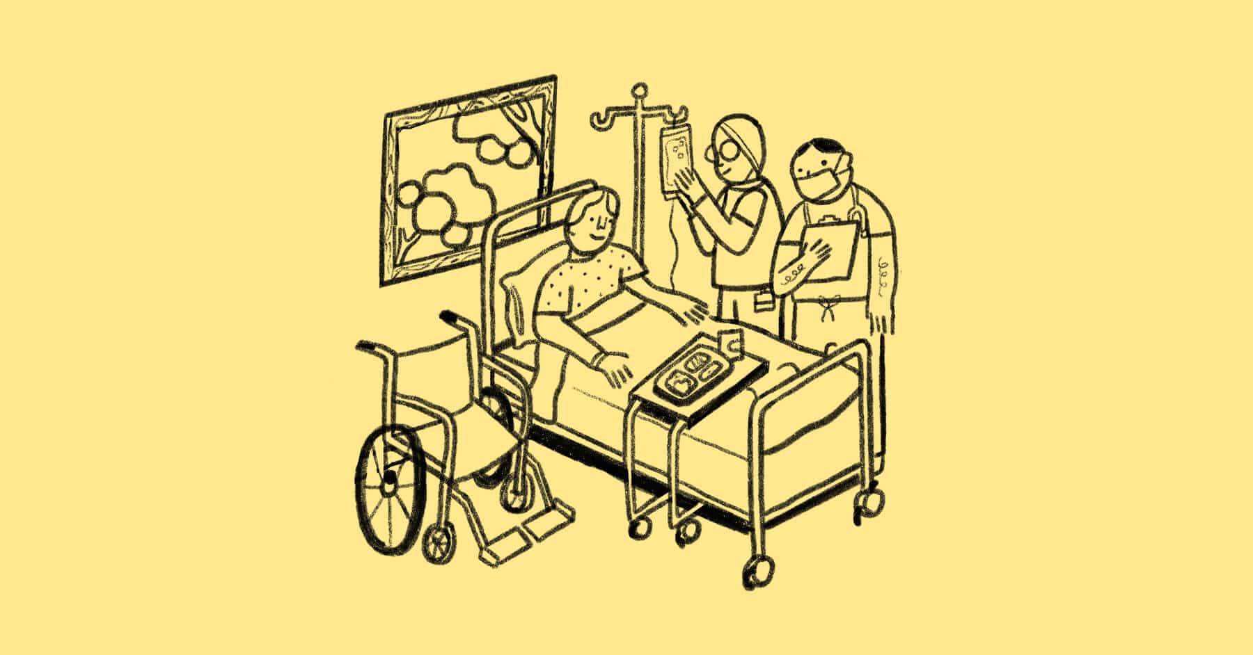 A patient lies in a hospital bed with a meal tray, while two people stand nearby, one holding a clipboard and the other adjusting an IV bag. A wheelchair sits beside the bed; a picture hangs on the wall.