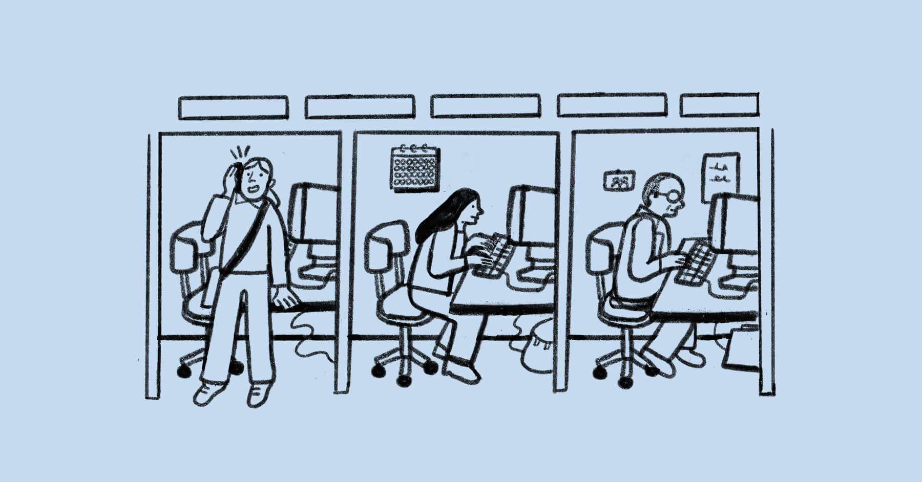 A drawing of three office cubicles: the first shows a person standing and holding their head in frustration, while the other two people sit at desks, focused on work—highlighting the everyday stress, even when offering benefits for healthcare workers.