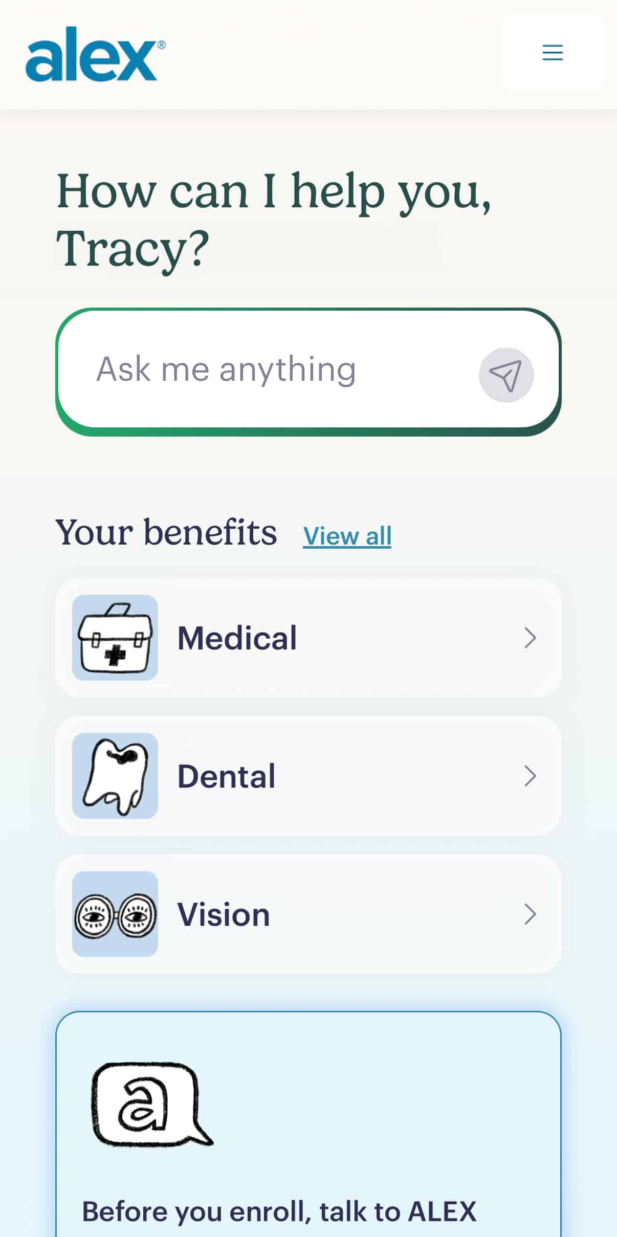 A benefits app screen greets the user, Tracy, showing a search bar and options for Medical, Dental, and Vision benefits for healthcare workers. A message suggests talking to ALEX before enrolling.