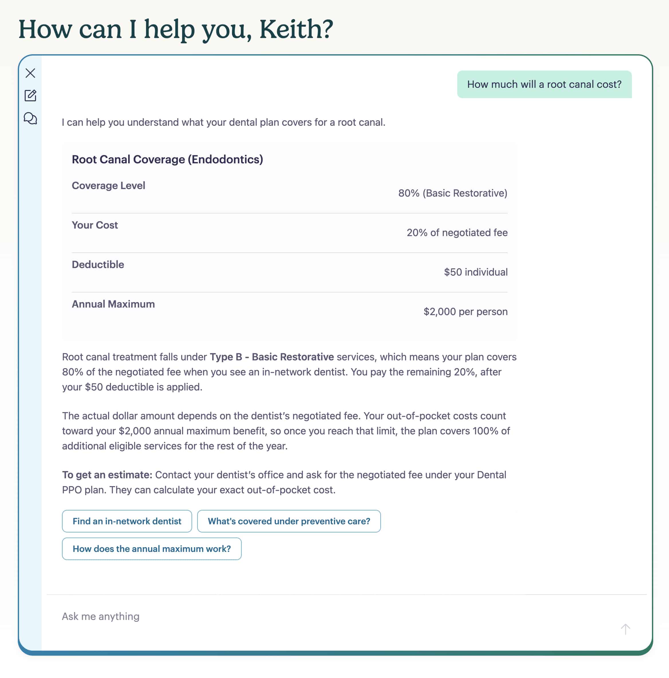 A chatbot window provides information about root canal coverage, showing insurance covers 80% of the cost after a $50 deductible, up to a $2,000 annual maximum—plus special benefits for healthcare workers. Links at the bottom offer related dental cost details.