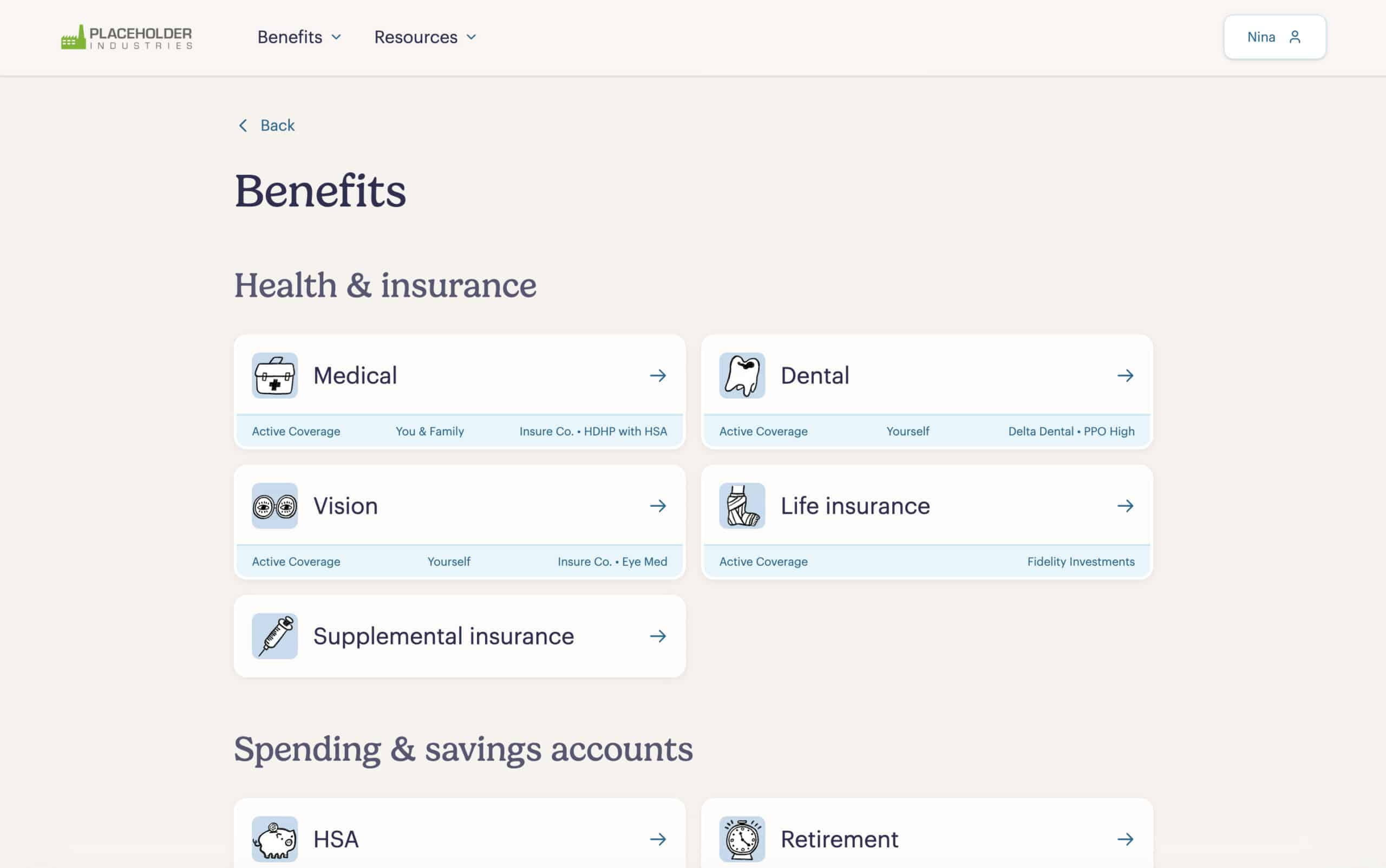 A benefits dashboard displays sections for Health & Insurance and Spending & Savings Accounts, offering benefits for healthcare workers like Medical, Dental, Vision, Life Insurance, Supplemental Insurance, HSA, and Retirement options.