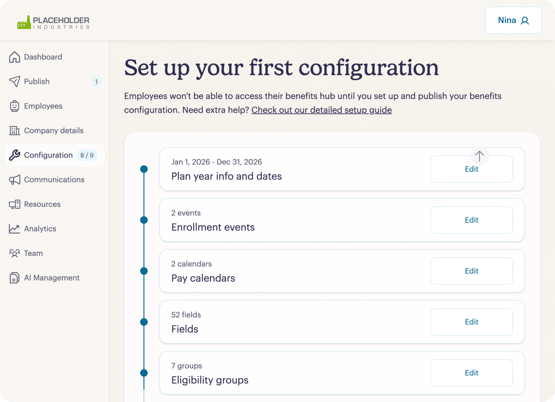 A configuration setup screen with a progress menu showing steps like Plan year info and dates, Enrollment events, Pay calendars, Fields, and Eligibility groups, each with an Edit button. A sidebar menu is on the left.