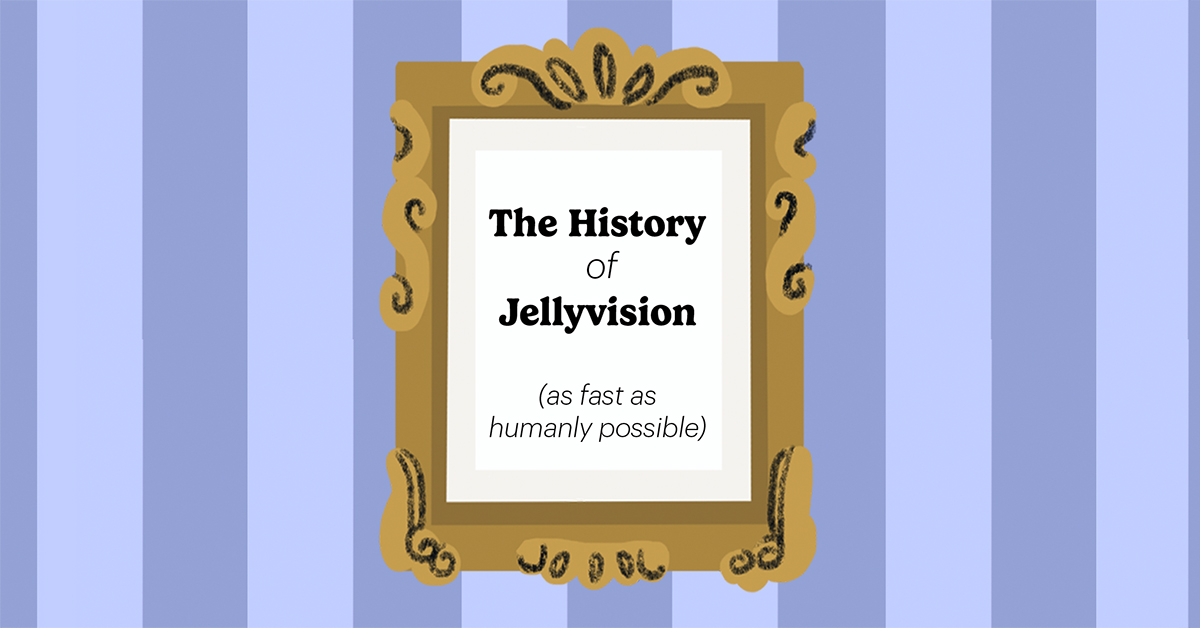 A gold ornate picture frame displays text reading The History of Jellyvision (as fast as humanly possible) against a blue and purple striped background.