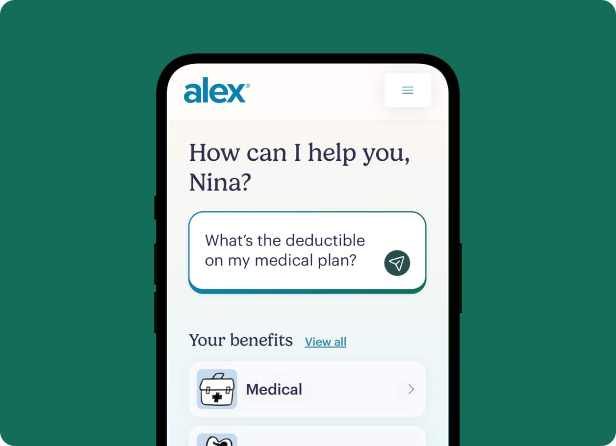 A smartphone screen displays a benefits app, greeting the user Nina and showing a question: Whats the deductible on my medical plan? with icons for medical and other benefits.