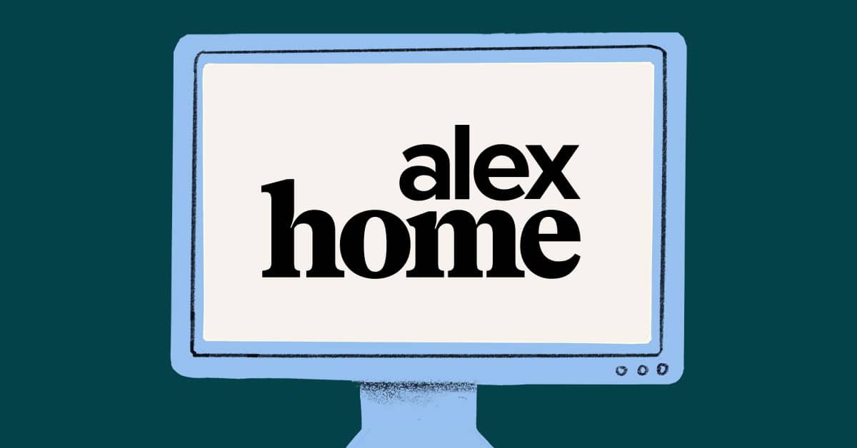 Illustration of a computer monitor with the words alex home displayed in bold black letters on the screen against a teal background.
