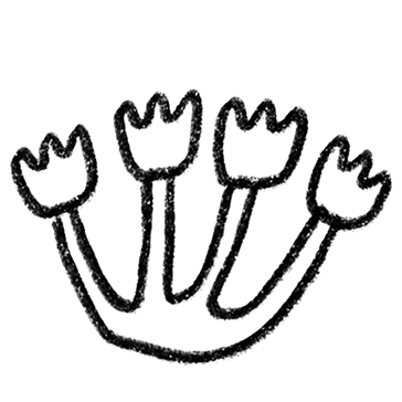 A black crayon drawing of four flower-like shapes, each on a curved stem, all connected at the base, on a white background.