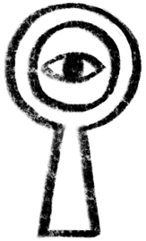 A black and white illustration of a keyhole with an eye in the center, giving the impression of someone watching through the keyhole. The lines are rough and textured.