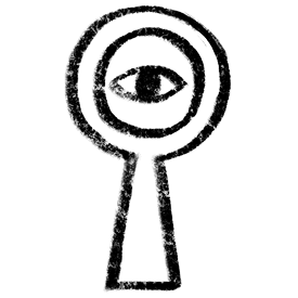 A rough, black outline of a keyhole with a concentric circle and an eye drawn inside the circular part, symbolizing surveillance or observation.