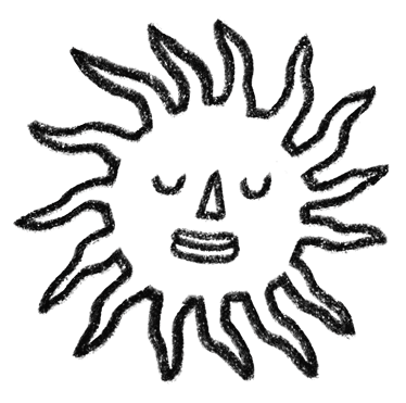 A black crayon-style drawing of a sun with wavy rays, closed eyes, a triangular nose, and a straight mouth, giving the sun a peaceful expression on a light background.