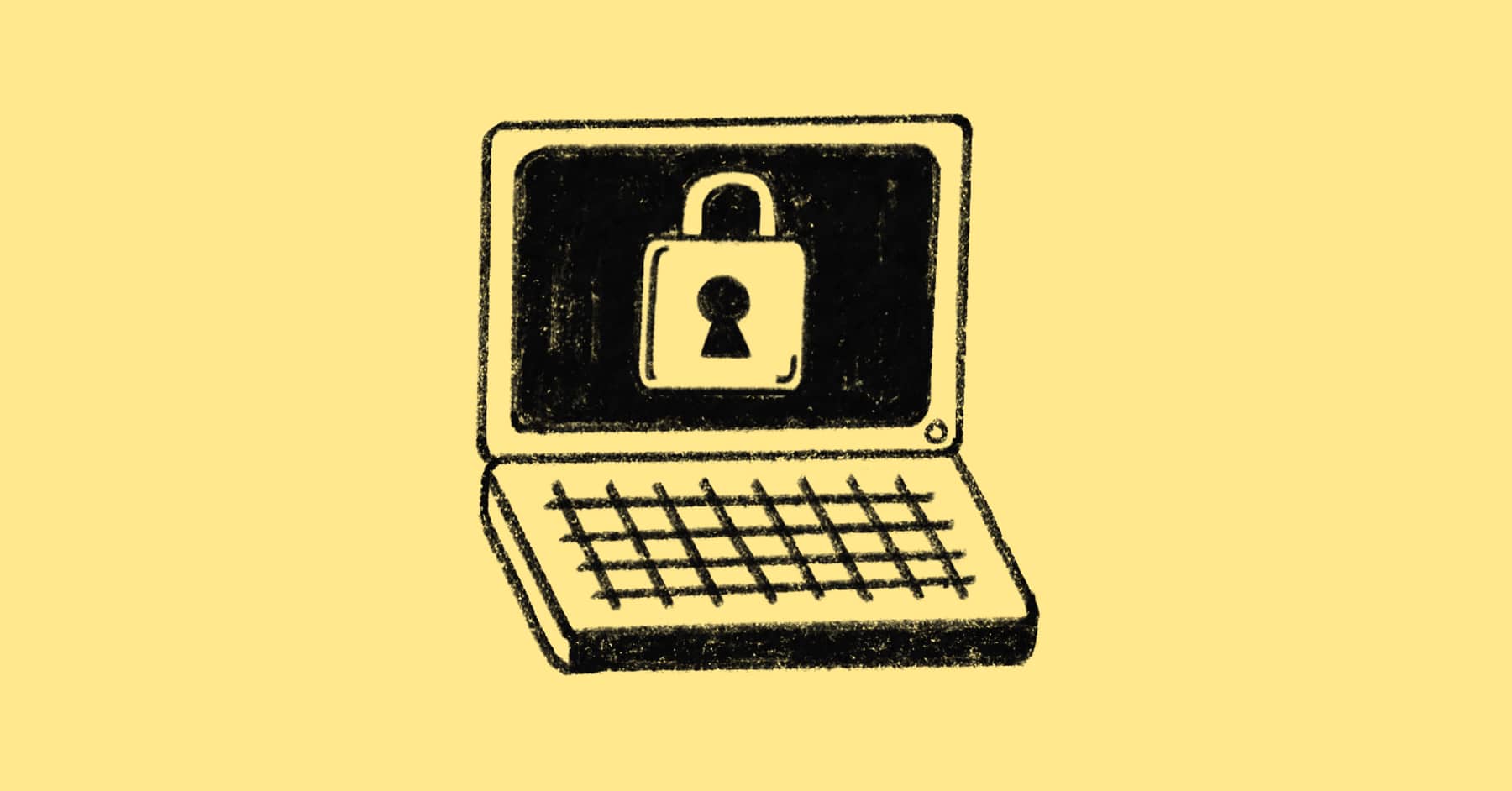 Illustration of a laptop with a padlock icon displayed on the screen, symbolizing cybersecurity or data protection, on a yellow background.