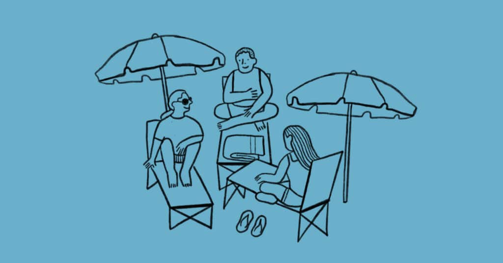 A simple line drawing of three people relaxing under two beach umbrellas. Two are seated on lounge chairs, and one is sitting cross-legged on a third chair. A pair of flip-flops is on the ground beside them. Blue background.