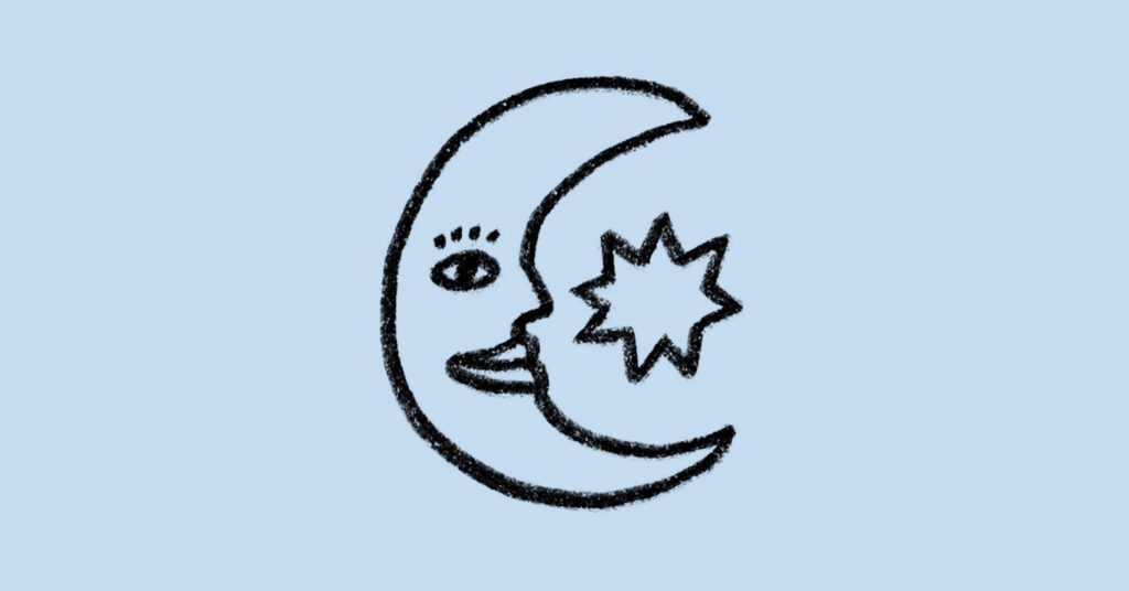 A simple black line drawing of a crescent moon with a face, next to an eight-pointed star on a light blue background.