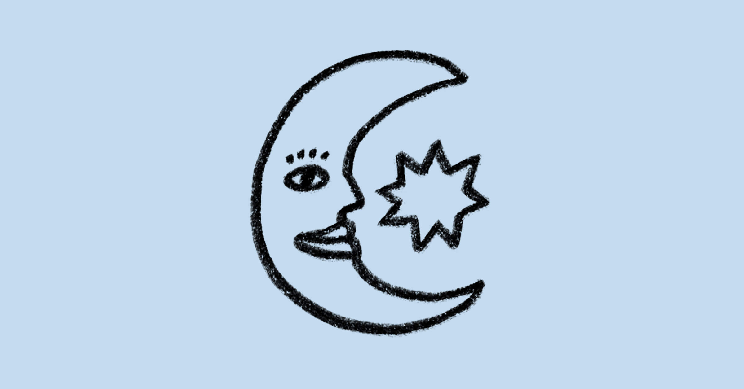 A simple black line drawing of a crescent moon with a face, next to an eight-pointed star on a light blue background.